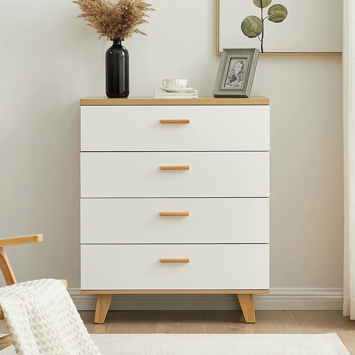 Resenkos Mid-Century Modern 4 Drawers Wooden Dresser Chest of Drawers Clothes Organizer, Rosewood&White Resenkos Mid-Century Modern 4 Drawers Wooden Dresser Chest of Drawers Clothes Organizer, Rosewood&White