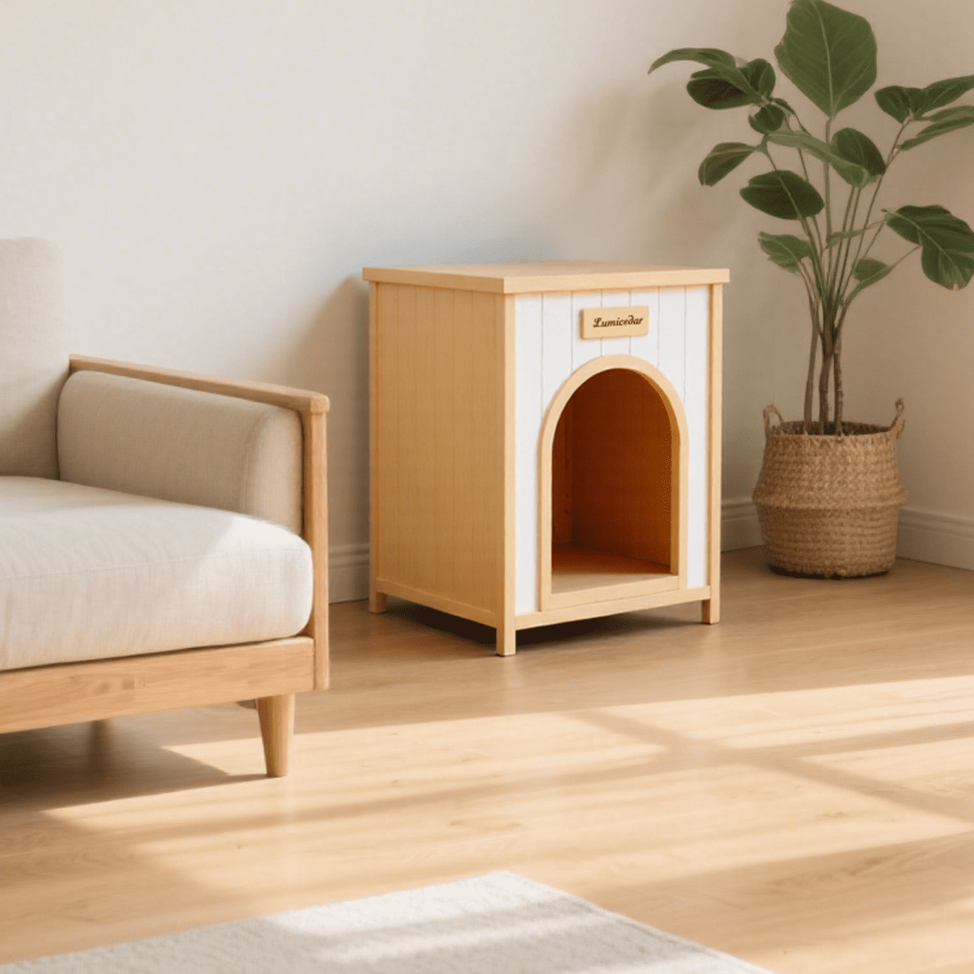 Solid Wood Pet House with Flat Roof Indoor Shelter for Small Dogs and Cats FSC Certified Cream Yellow Modern Design