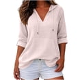 thumbnail image 2 of thefmos Women's V Neck Hooded Pullover Top with Pocket Drawstring Lightweight Long Sleeve Solid Color Casual Top Fashion Fall Winter Outfit, Pink XL, 2 of 5