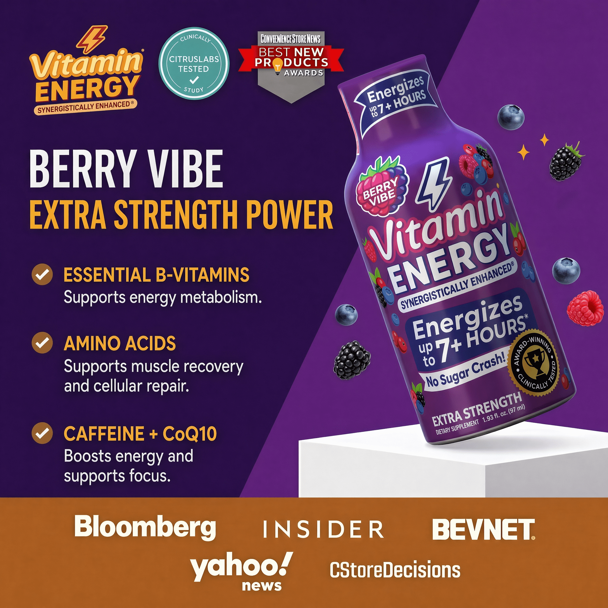 Vitamin Energy B12 Extra Strength Shot, Pink Berry, 12 Pack – 260mg Natural Caffeine, 11,000% DV B12 & B6, Zero Sugar, 1.93 fl oz