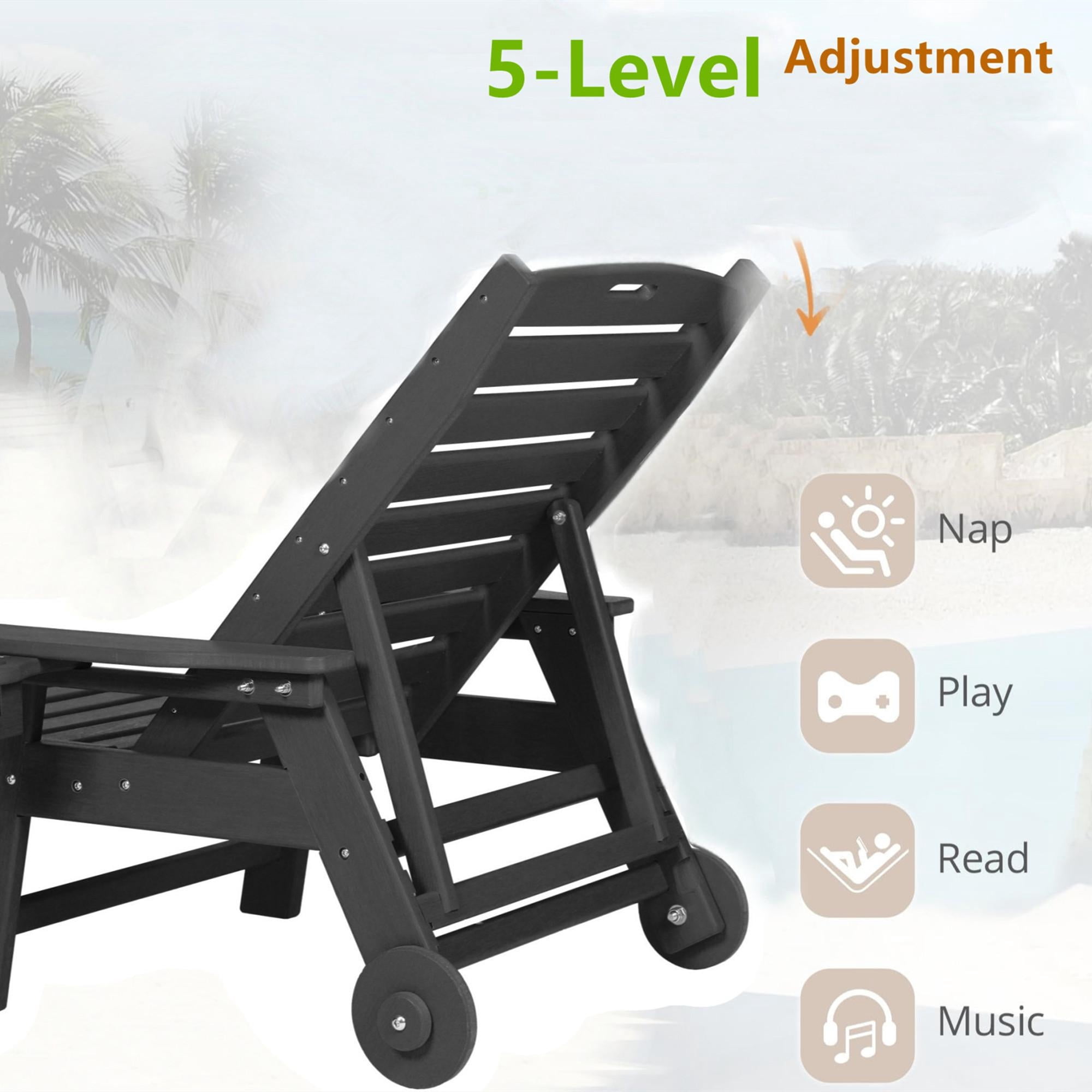 Aukfa 75" HDPE Outdoor Patio Chaise Lounge Chair with Cup Holder&Wheels, Adjustable Backrest, Black