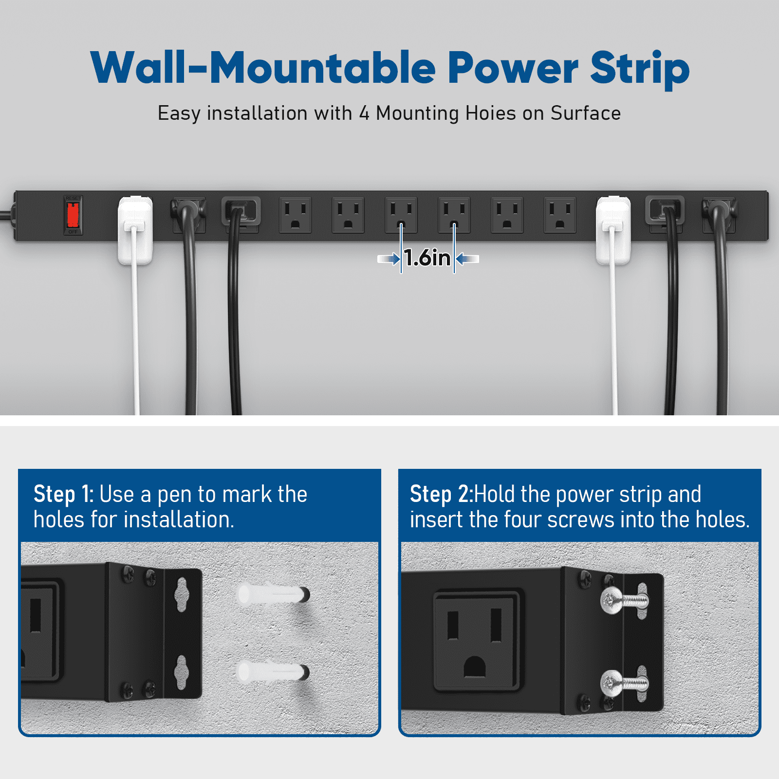 VILONG 12-Outlet Heavy Duty Power Strip with 10ft Long Cord,1200J Surge Protector,15A Adapters Plugs–for Commercial Electronics Use (Black,ETL Listed)