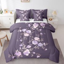 Castle Fairy Chic Flowers Bedding Comforter Set 7-Piece for Teens Adults,Spring Garden King Bedding Sets,Purple Pink Floral Blossoms Ultra Soft Bed Sheets,Luxury Bedroom Decor,Reversible