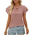 thumbnail image 2 of Wycnly Shirts for Women Beach Ruffle Layer Sleeve Hollowed Lightweight Tunic Tops with Tie Summer Casual Round Neck Short Sleeve Solid Ladies Blouses Rose Gold s, 2 of 6