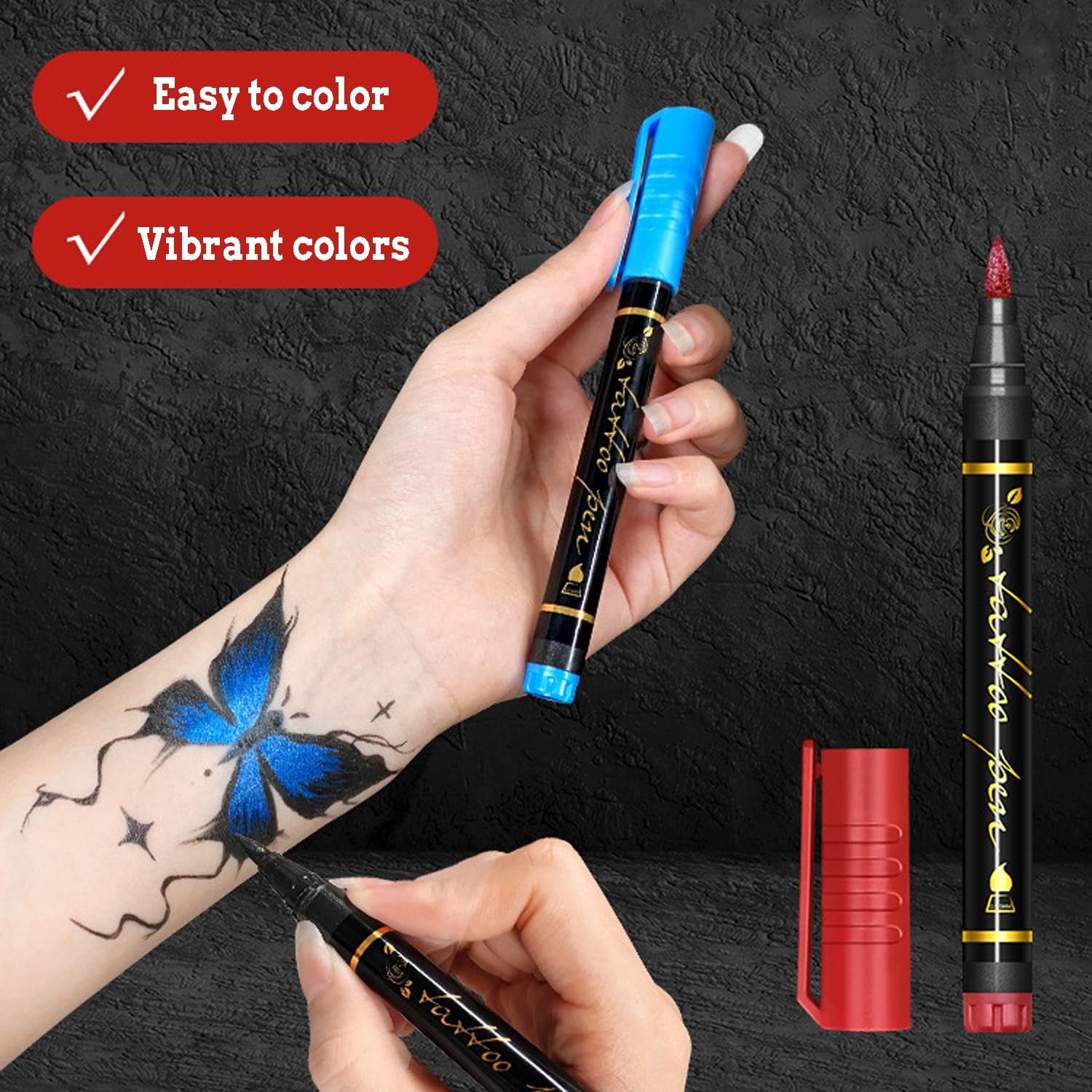 Temporary Tattoo Markers Set-10-Color Body Art Pens, Erasable Waterproof Metallic Luster Tattoo Pens Kit, Body Paint Markers for Bold Designs with Dual Tips for Festivals (1 set of 10 colors)