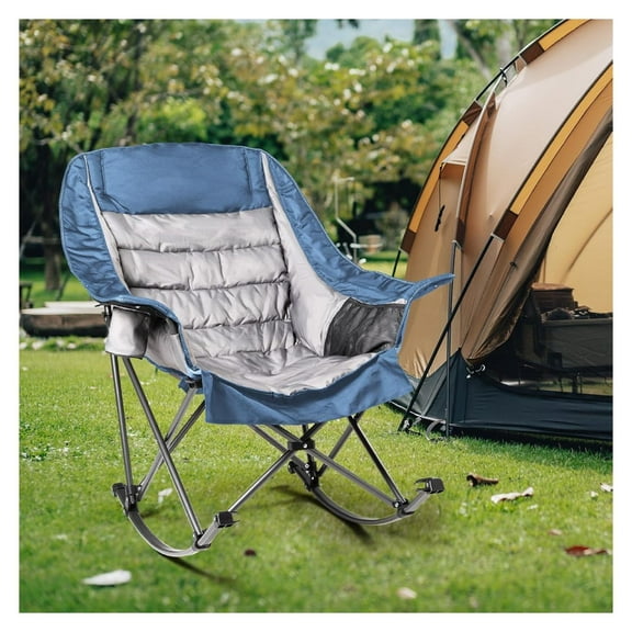 Oversized Rocking Camping Chair for Adults - Heavy-Duty 400lbs Capacity Portable Folding Camp Chair with Side Pocket, Fully Padded Outdoor Rocking Chair for Camping (Light Blue & Gray)