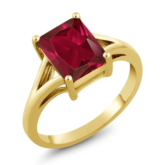 Gem Stone King 18K Yellow Gold Plated Silver Red Created Ruby Solitaire Engagement Ring for Women (2.80 Cttw, Emerald Cut 9X7MM, Gemstone July Birthstone, Size 6)