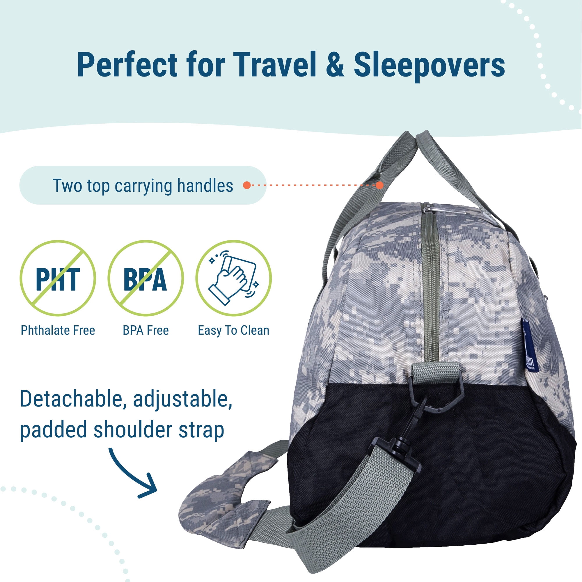 Wildkin Kids Overnighter Duffel Bag for Boys & Girls, Features Two Carrying Handles and Removable Padded Shoulder Strap, BPA & Phthalate Free (Digital Camo Green)