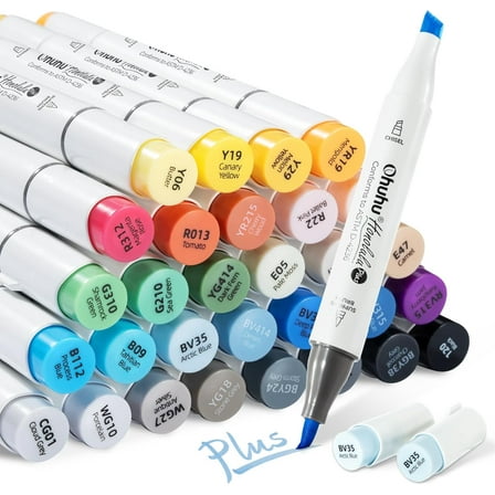 Ohuhu Brush Markers 36-color: Supreme Brush& Chisel Dual Tips Alcohol-based Art Marker Set for Artist Adult Coloring Book Illustrations-Honolulu Plus- Refillable