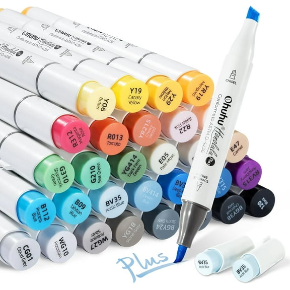 Ohuhu Brush Markers 36-color: Supreme Brush& Chisel Dual Tips Alcohol-based Art Marker Set for Artist Adult Coloring Book Illustrations-Honolulu Plus- Refillable