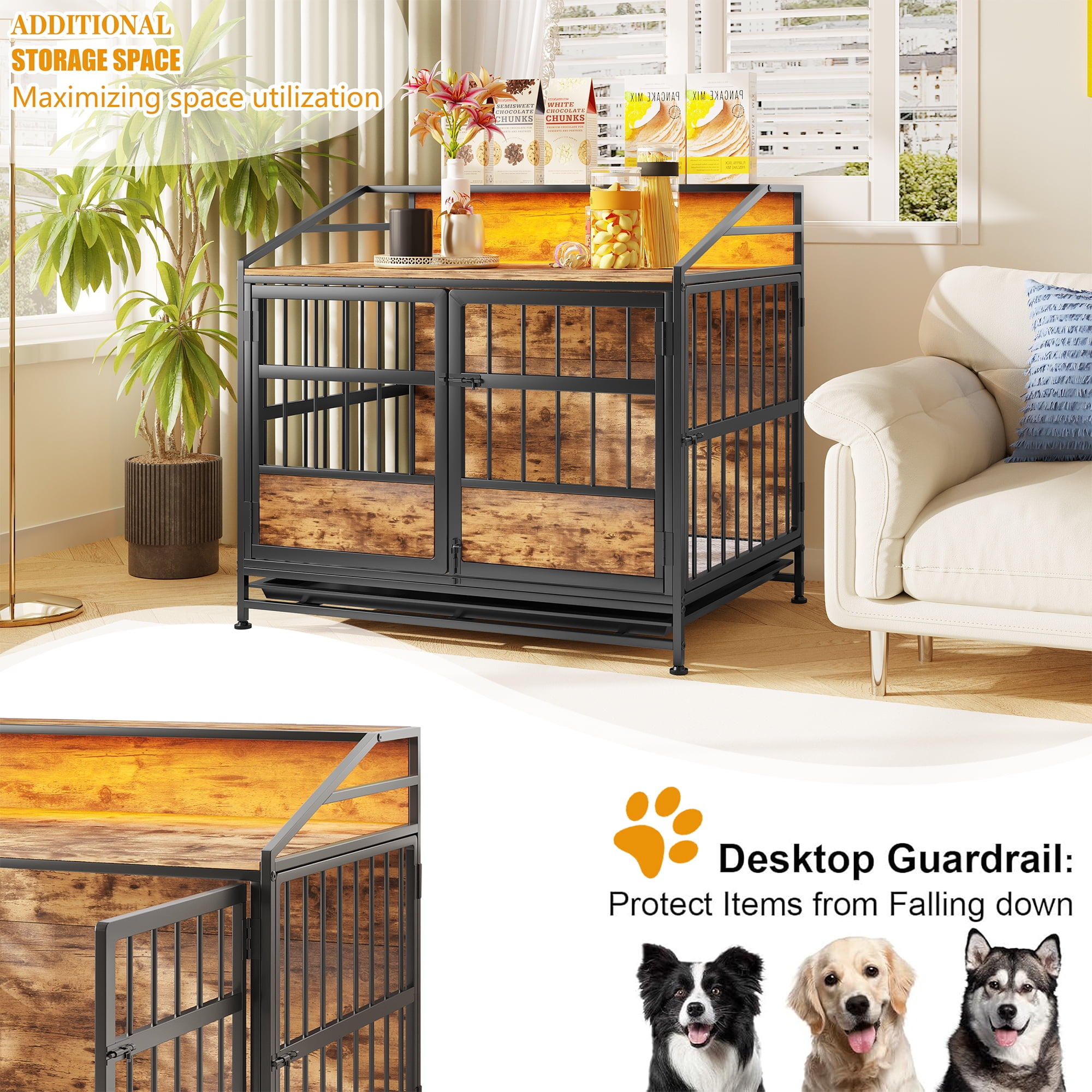 Dog Crates with Storage, Dog Crate Furniture Large Wooden Dog Kennel with Double Doors, for Large/Medium Dog Indoor, Brown