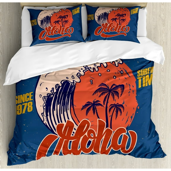 Surfboard Duvet Cover Set, Surfing Related Lettering and Cartoon Retro Waves Palm Trees Layout, Decorative 3 Piece Bedding Set with 2 Pillow Shams, Calking Size, Dark Sky Blue Multicolor, by Ambesonne
