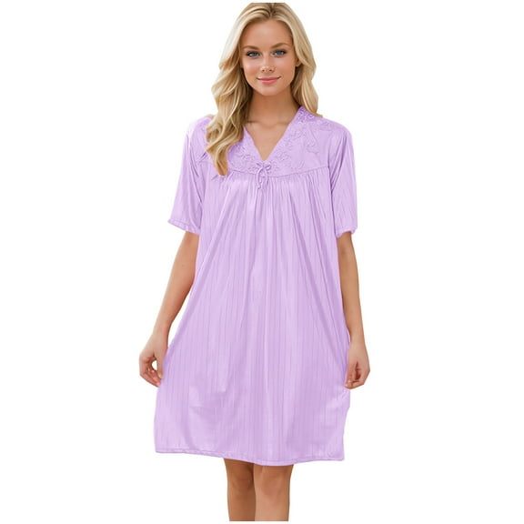 snilers Silk Nightgown for Women Summer Loose Short Sleeve Chemise Soft V Neck Sleepwear Nightie
