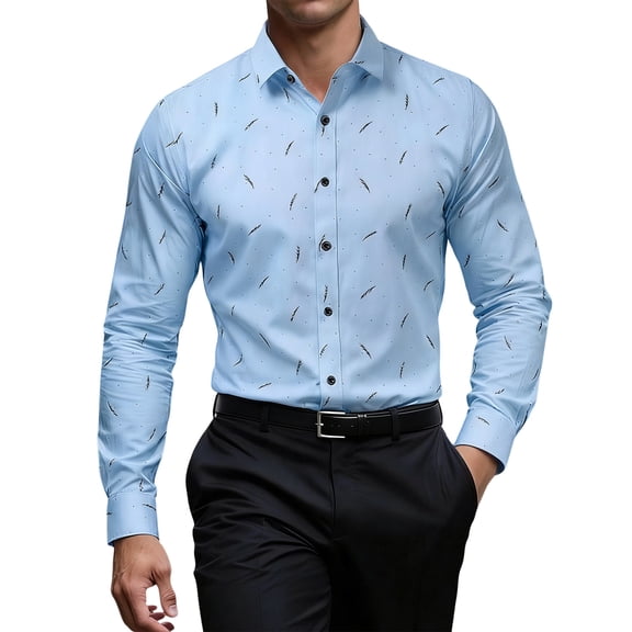 ZVNAΖH Men's Slim Fit Business Shirt, Long Sleeve Feather Print Button Down Formal Top for Office & Wedding, XS-2XL