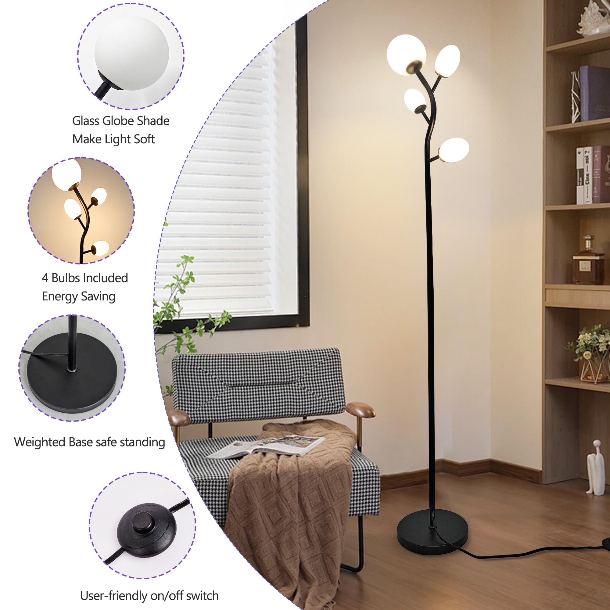 GCGAFUL 4-Light Glass Floor Lamp for Living Room, Modern Black Tree-Style Standing Lamp with Weighted Base, 3000K Warm Soft Light for Bedroom Office