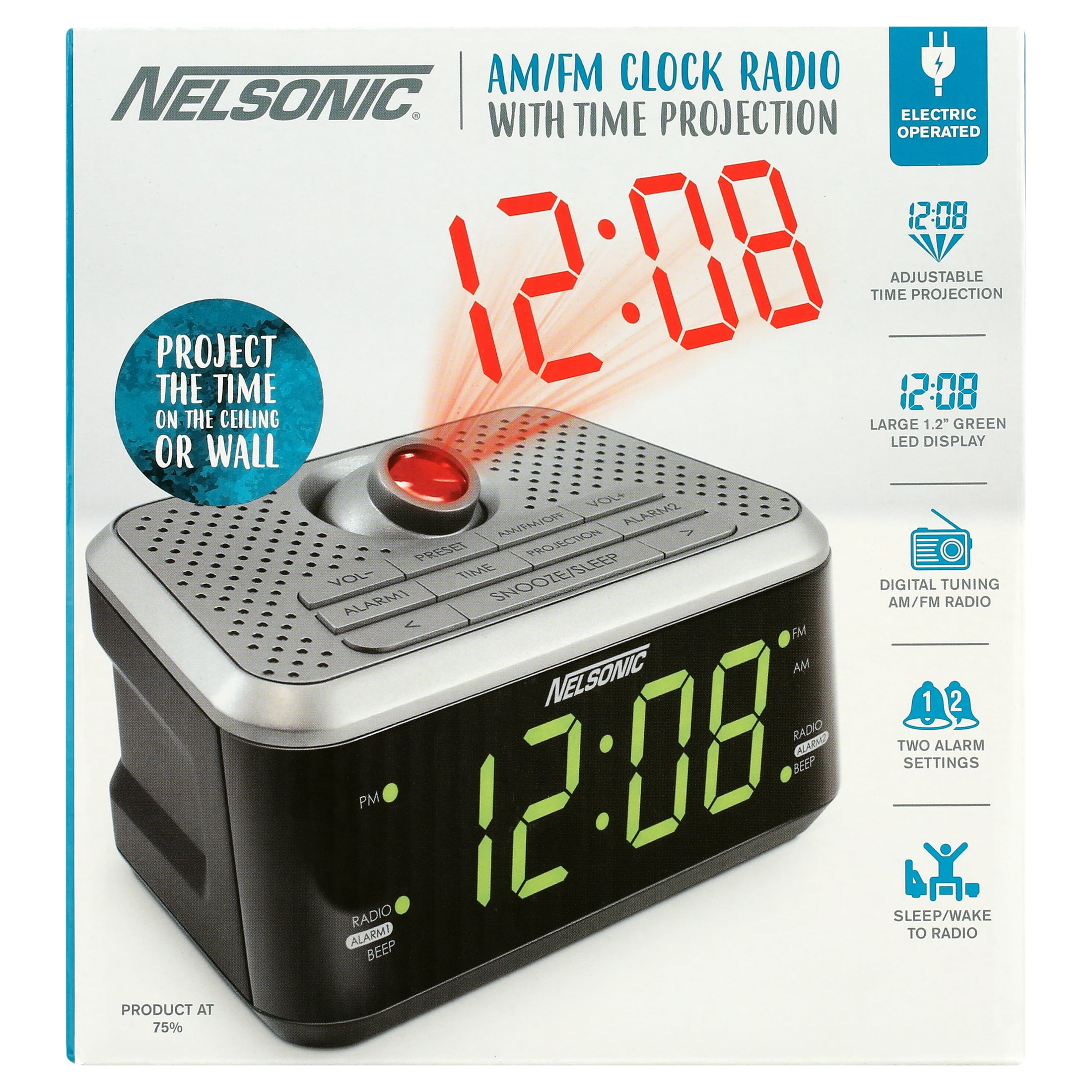 NELSONIC AM/FM Projection Dual Alarm Clock Radio, Black and Silver