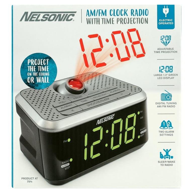 NELSONIC AM/FM Projection Dual Alarm Clock Radio, Black and Silver
