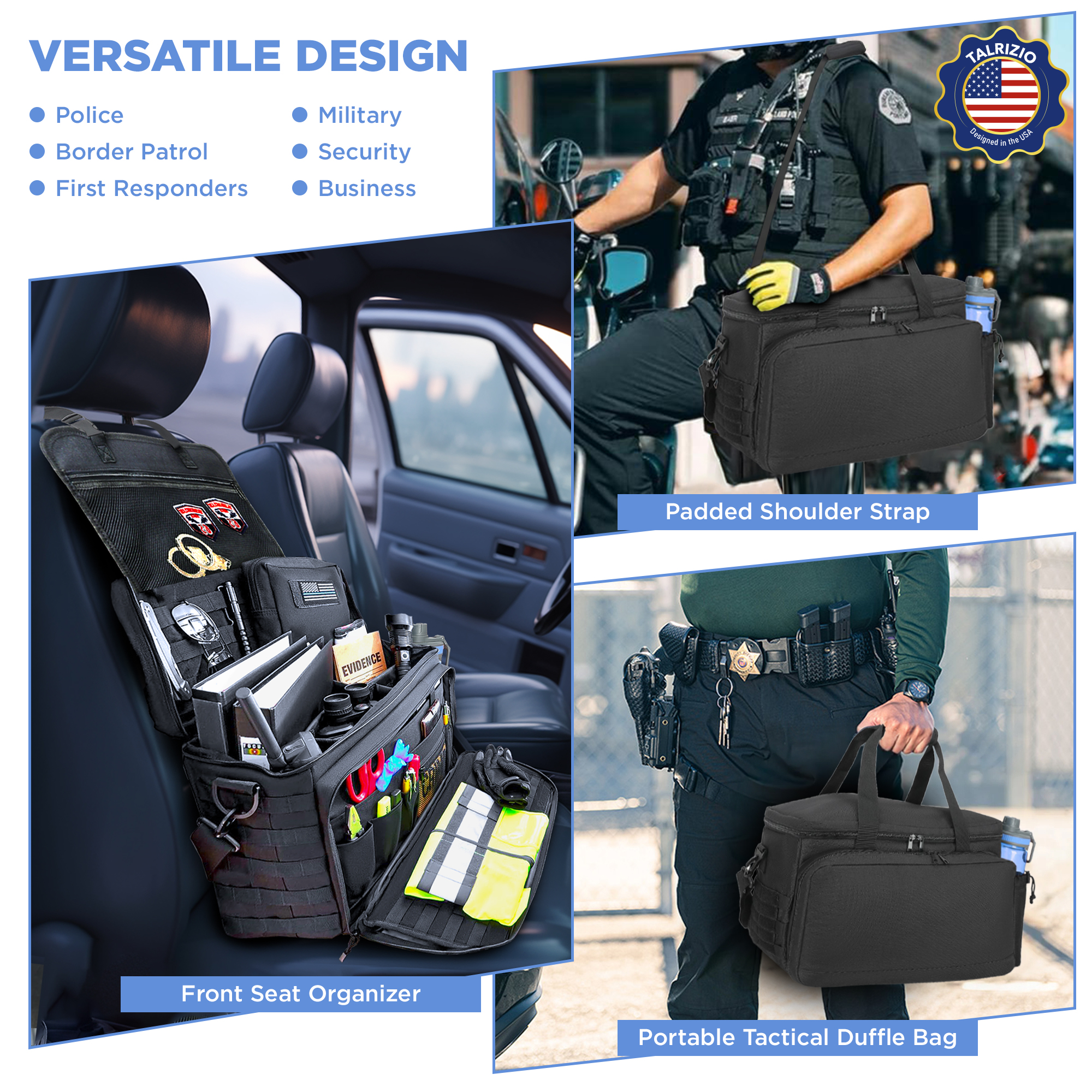 Talrizio Patrol Bag Car Front Seat Organizer for Law Enforcement, Military, and Police, Padded Sleeve for 17" Laptop, and Fits Vehicle Passenger Seat