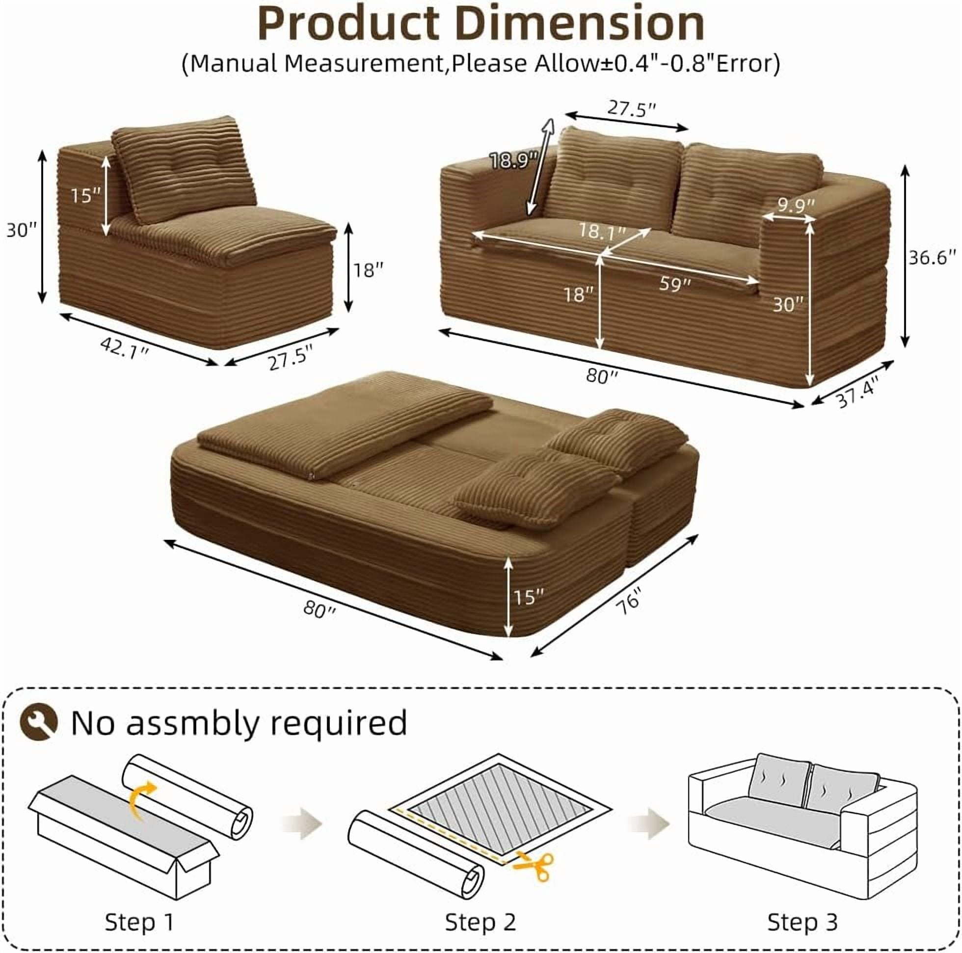 80" Folding Sofa Bed King Sleeper Sofa with Chaise Lounge, 2-in-1 Convertible Corduroy Boneless Couch with Blanket, Modern Loveseat Couches for Living Room, No Assembly Couch, Camel