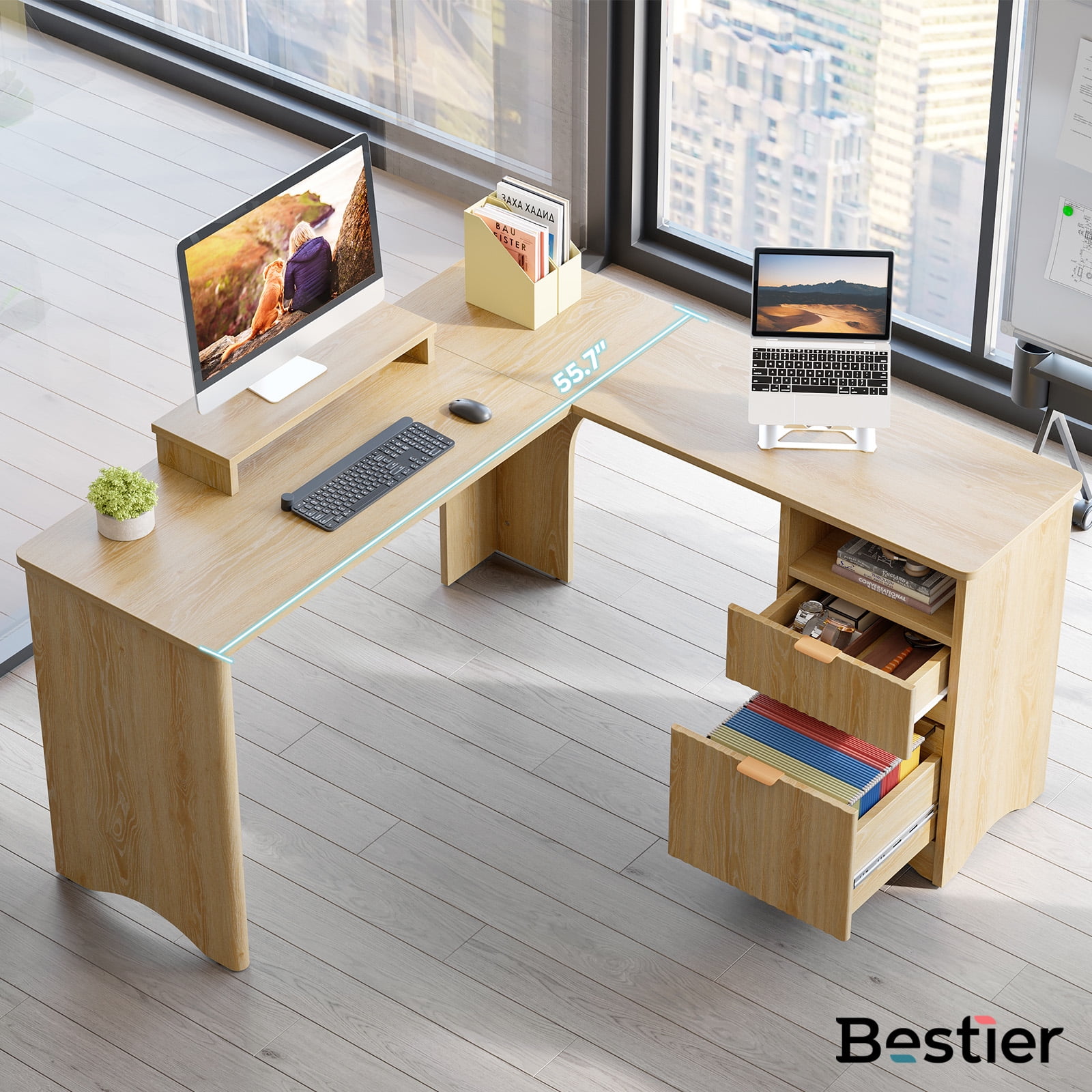 Bestier L Shaped Desk with Drawers, 55.7" x 55" Office Computer Desk with Round Corners, Monitor Stand & Fluted Panels, Natural Oak