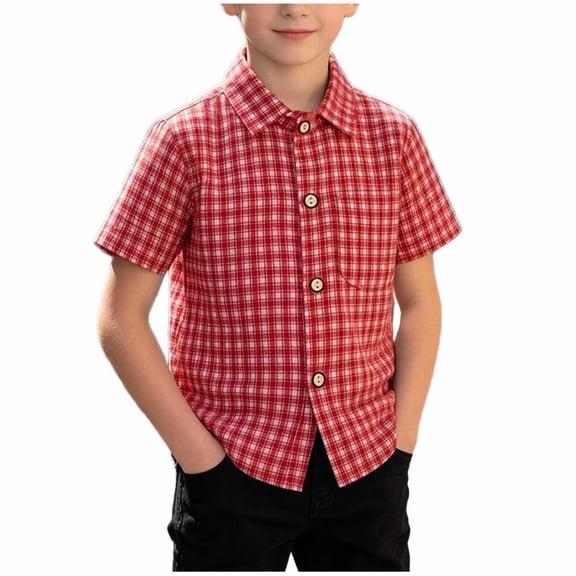Qabnzmfo Boys Plaid Button Down Shirt with Pocket Short Sleeve Collared Shirts Relaxed Fit Casual Vacation Tops,Sizes 1-12 Years