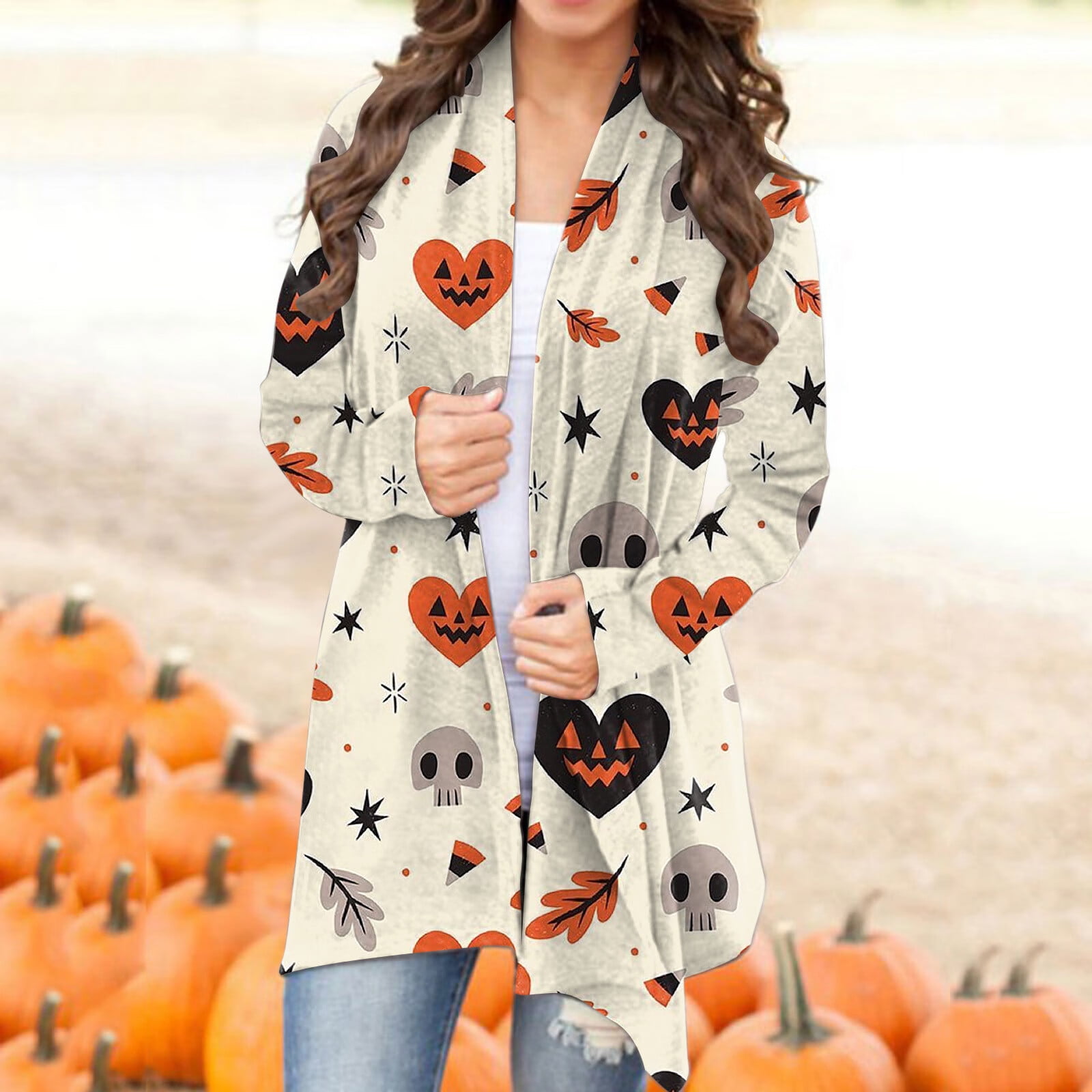 Womens Halloween Cardigan Pumpkin Cat Print Long Sleeve Open Front Plus