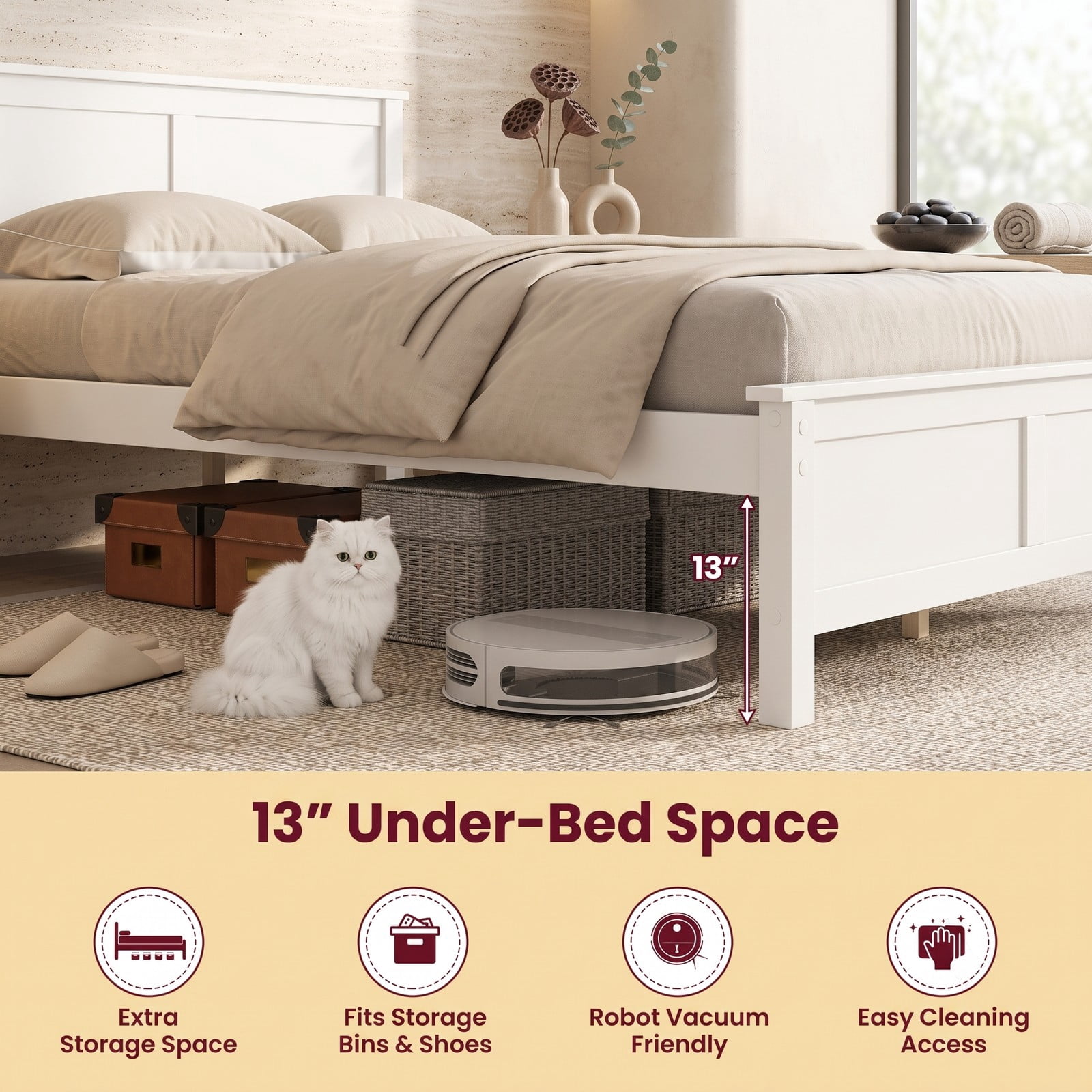 Furnibear King Size Bed Frame, Solid Wood Platform Bed Frame with Curved Headboard and Footboard, King Bed Frame with Headboard No Box Spring, White