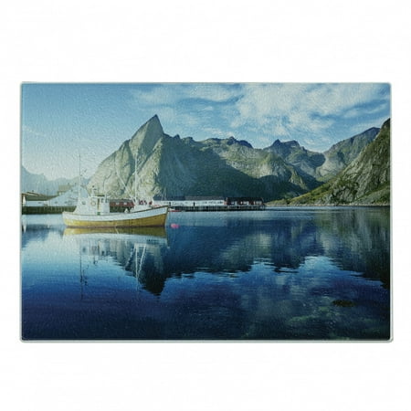 

European Cutting Board Sunset in Norwegian Lake by Fjords Formation Yacht Fishing Arctic Harbor Island Print Decorative Tempered Glass Cutting and Serving Board Small Size Blue by Ambesonne