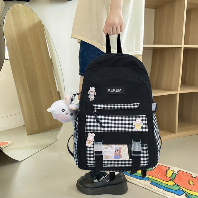 Mochila Mochila Kawaii Harajuku Japonesa Cute Plaid School Student Bookbag (Negro)