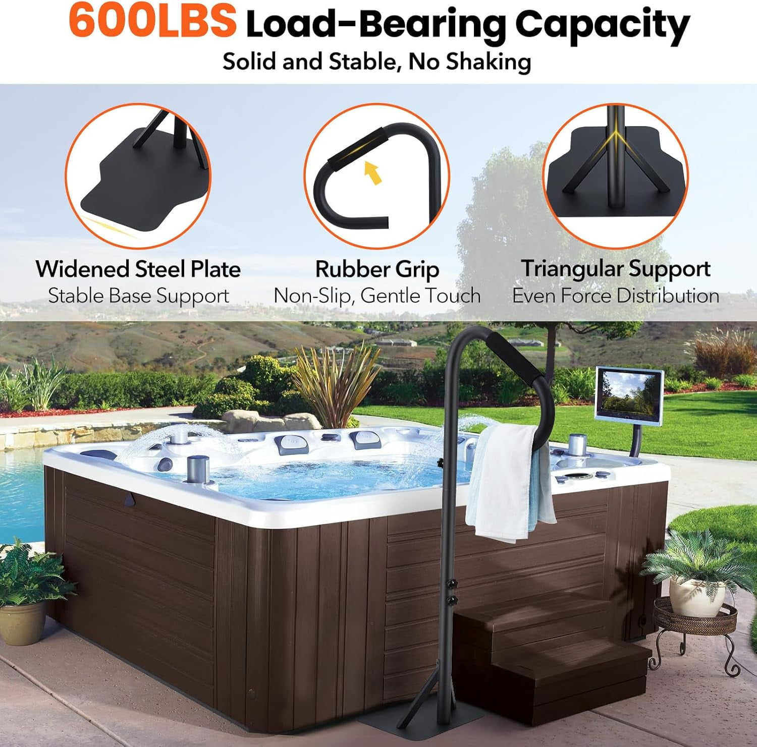Hot Tub Handrail,360 Rotatable Spa Side Handrail with Adjustable Height,Rust-proof Spa Step Hot Tub Hand Rail with Slide-Under Mount Base & Non-Slip Grip for Indoor & Outdoor,600LBS Capacity