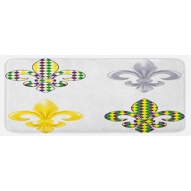 Mardi Gras Kitchen Mat, Fleur De Lis Motifs with Mardi Gras Pattern Traditional Lily Flowers Pattern, Plush Decorative Kitchen Mat with Non Slip ...