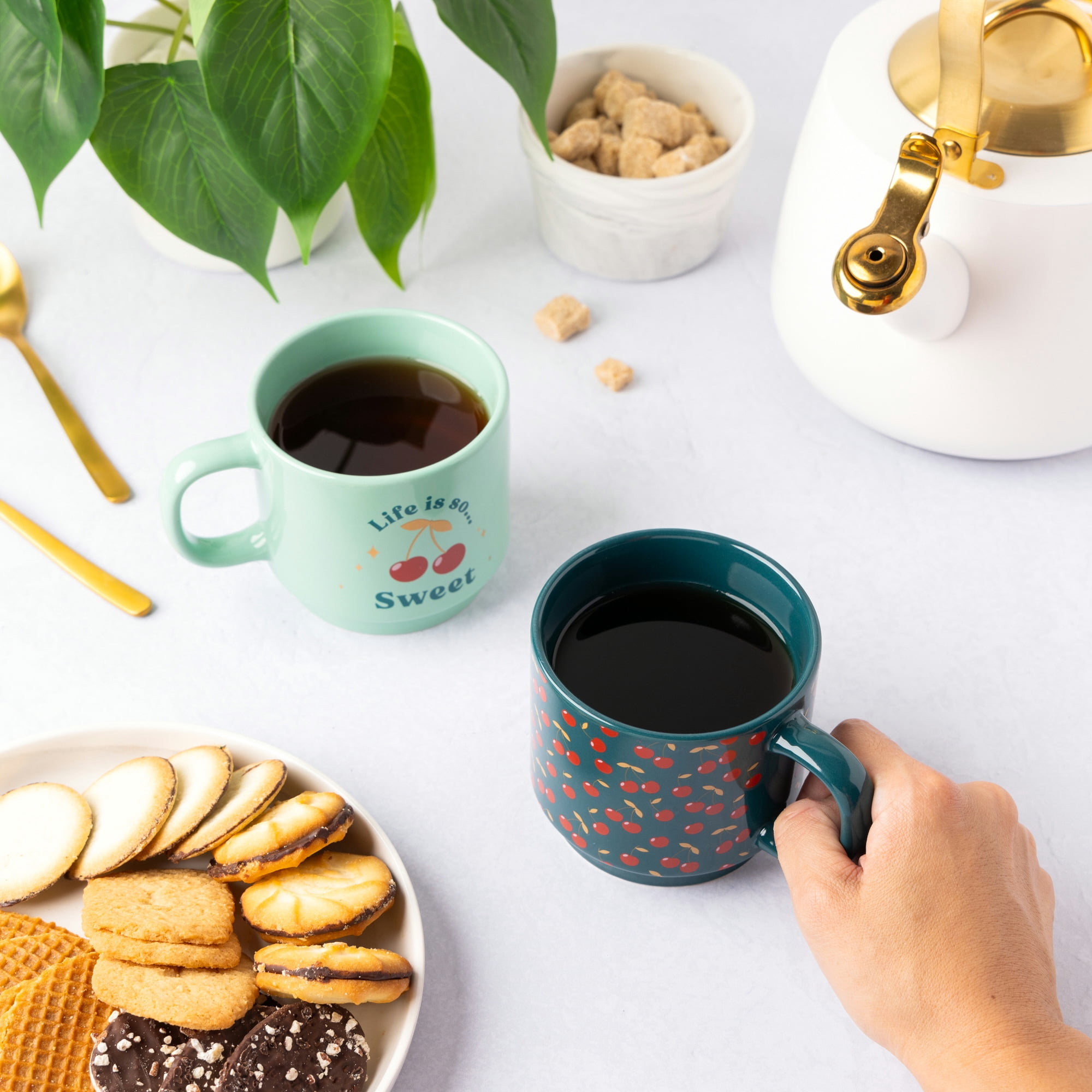 Thyme & Table 2 Pack Stacking Life is Sweet and Cherries Green Mugs 14.2 fl oz, Stoneware