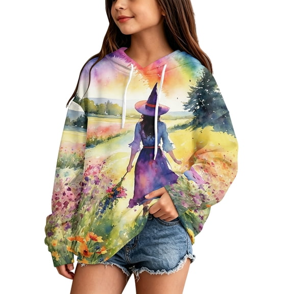 Abcomgle Girls Halloween Hoodie 7-8 Scary Witches Gathering Print Sweatshirts with Hooded Oversized Long Sleeve Girls Pullover Top with Pocket Winter Kids Sweaters Girls