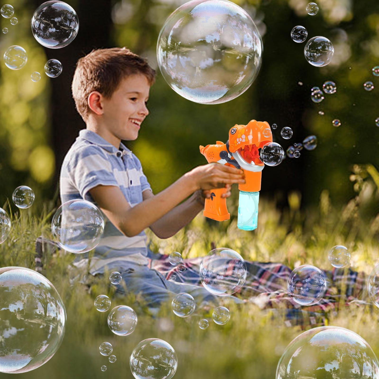 Pistolet à Bulles Dinosaure électrique – 5000 Bulles/min – Lumières LED Et Sons – Pour Bain, Piscine, Jardin – Dès 3 Ans – Lot Avec Liquide