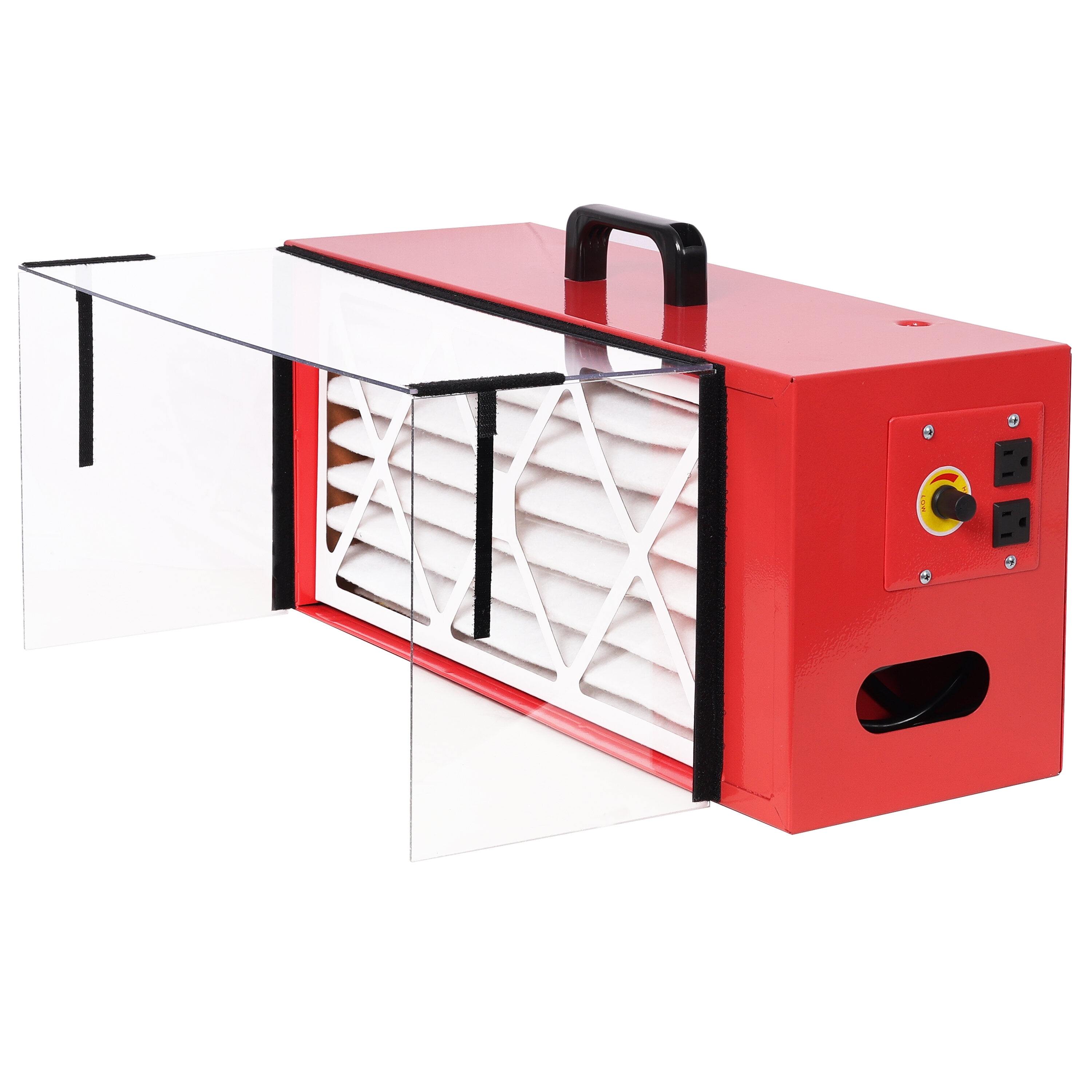 Portable tabletop dust collector,Maximum Air Flow 725CFM; Each fan runs on a 110V variable speed motor; Total Running Amps 1.29AMPS, Red color,