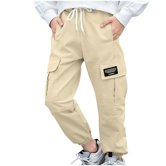 LLYWEY Drawstring Jogger Cargo Pants for Boys School Uniform Stretch Elastic Waist Solid Color Loose Casual Multi-Pocket Trousers for Classroom
