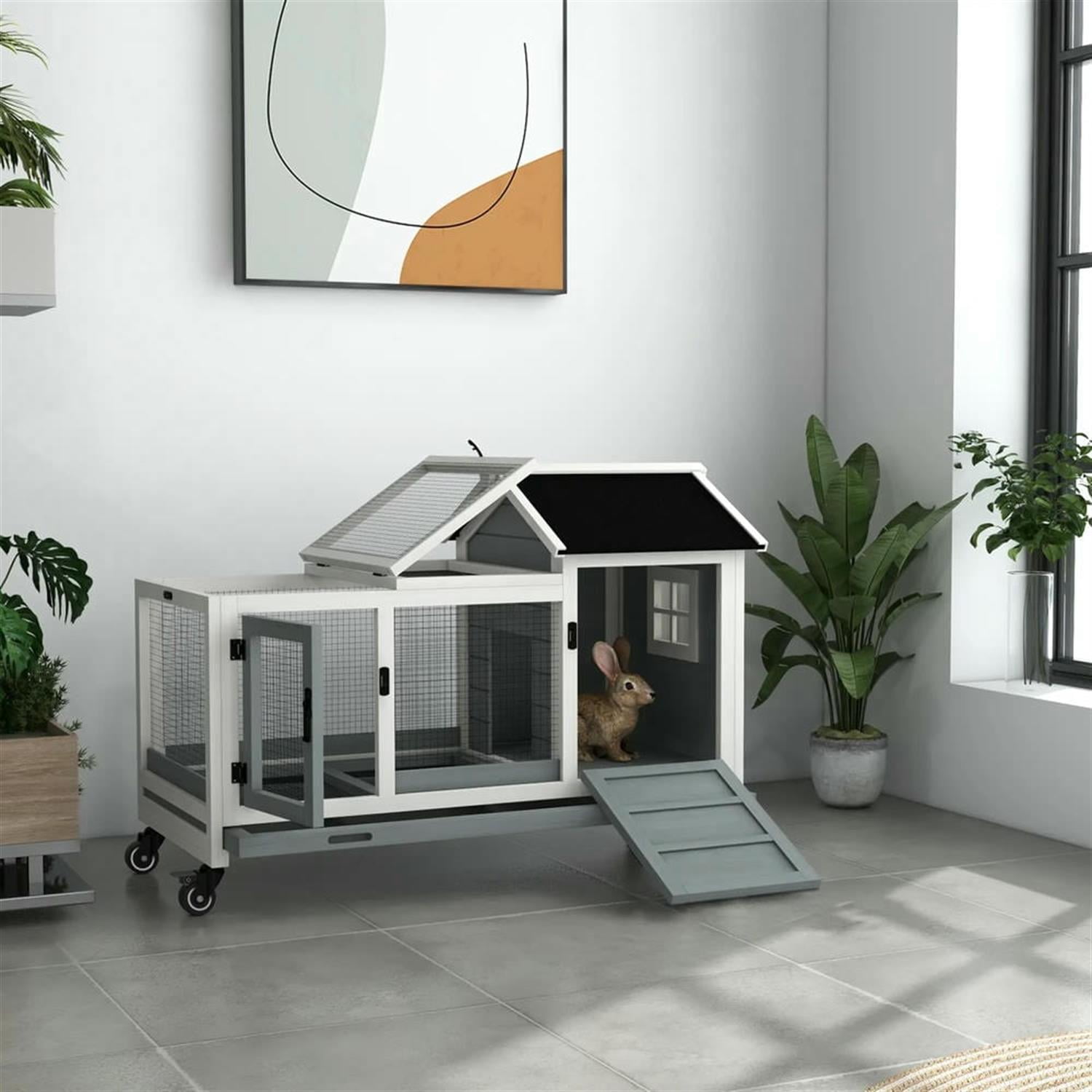 Kadyn 42.5" Wooden Rabbit Hutch with Wheels and Slide-out Tray, Outdoor Small Animal Habitat Enclosure Bunny Cage for Bunnies, Guinea Pigs, Gray