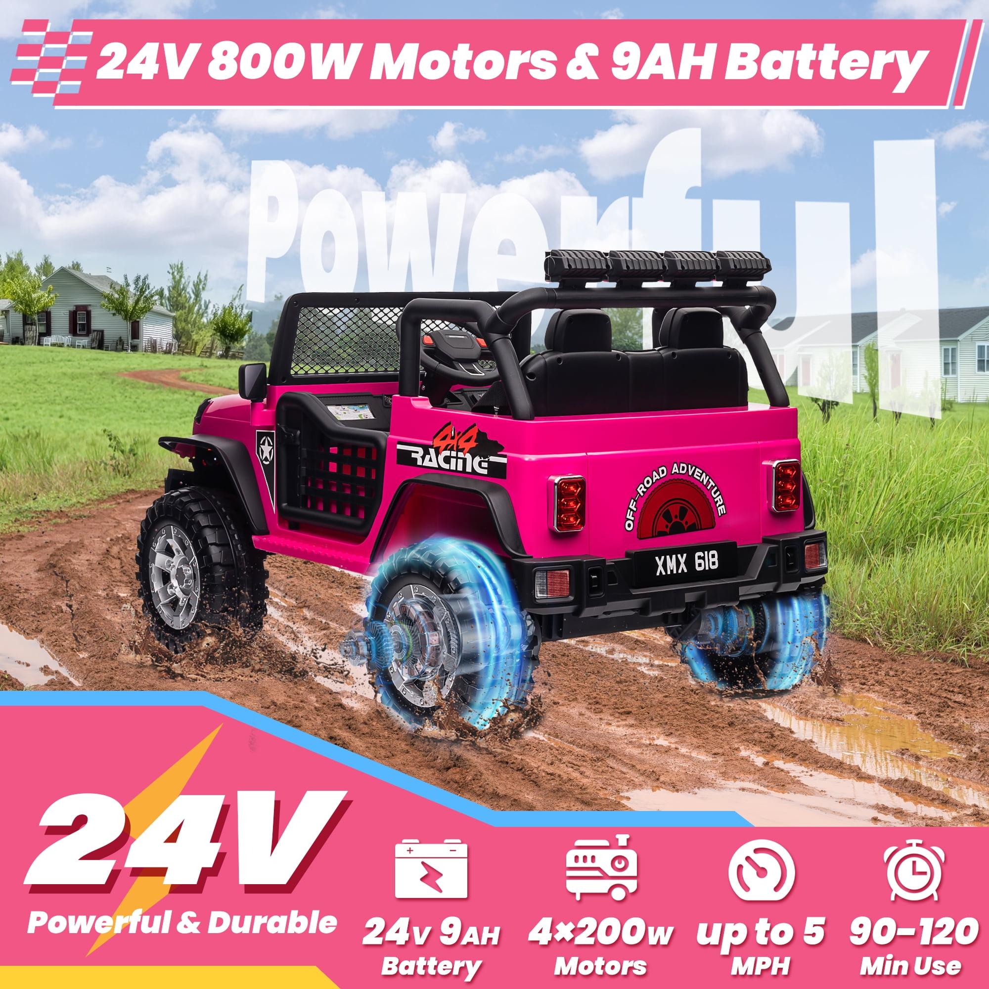 Joyracer 24V 2 Seater Kids Ride on Truck with Remote Control, 4×200W Motor, Electric Battery Powered Toys Car w/ 4 Wheels Spring Suspension, 3 Speeds, LED Lights, Bluetooth Music, Rose Pink