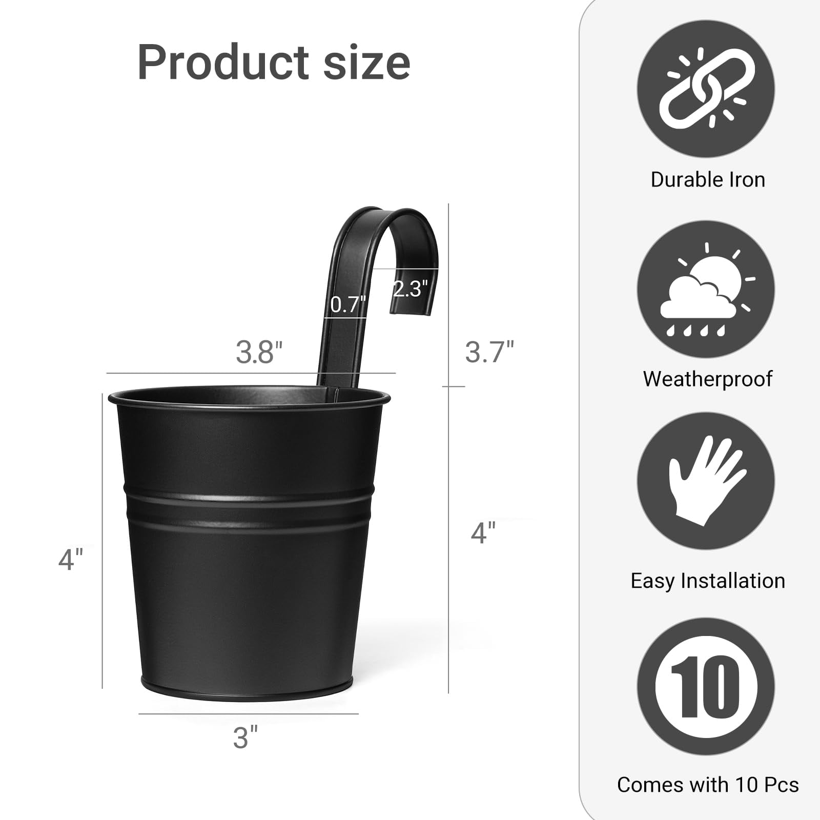 10 Pcs Hanging Flower Pots Metal Iron Bucket Planter for Railing Fence Balcony Garden Home Decoration Flower Holders with Detachable Hooks, White, 4 inches