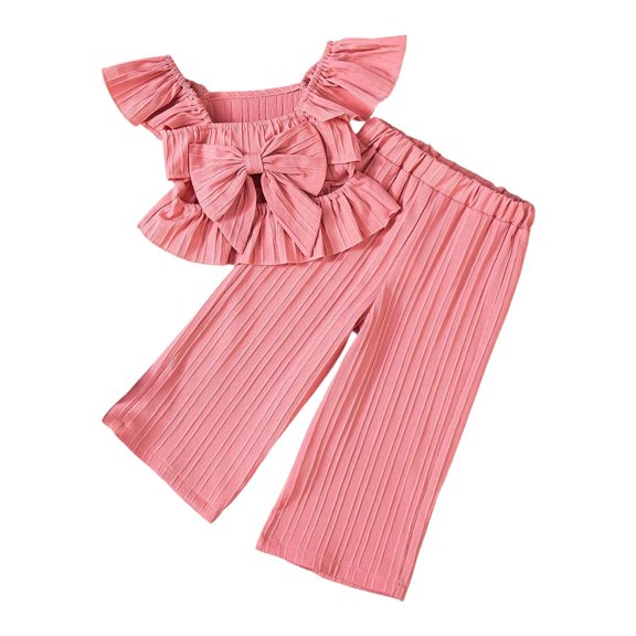 Wxolcjlv Toddler Girls Outfits Summer Solid Bow Tie Fly Sleeve Top With Elastic Waist Pants Set 2Pc Playful Romper Casual Sets Daily Wear,2 -3 Years