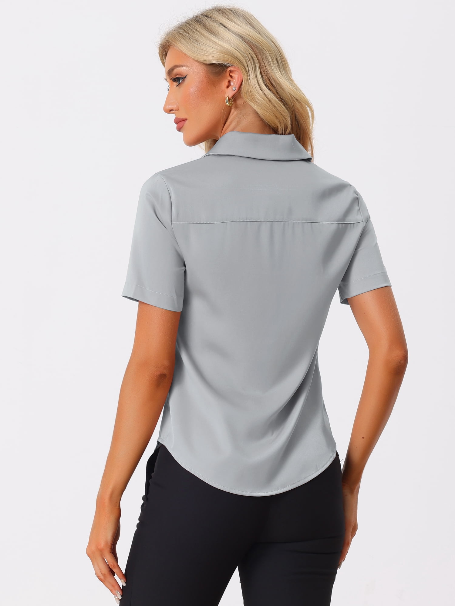DARING DIVA Women's Button Down Short Sleeve Collared Satin Silky Blouses XS Grey