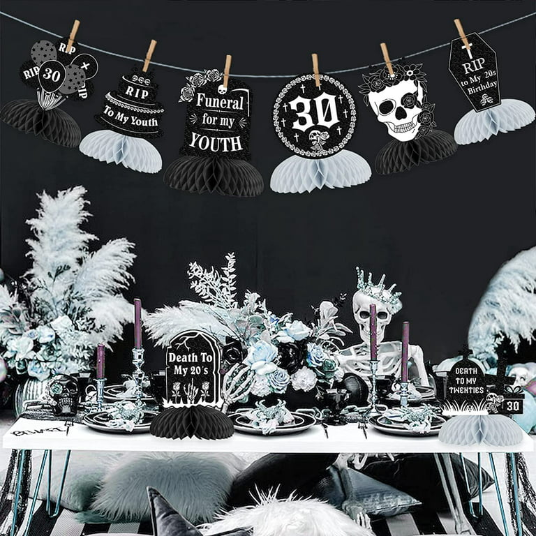 8Pcs Rip to My 20s Honeycomb Centerpieces, Black Silver Death of My Youth  30 Party Decorations for Table, Funeral Gothic Thirty Birthday 3D Table  Party Supplies 