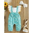thumbnail image 2 of 2Pcs Baby Girls Outfit Daisy Print Splicing Square-Neck Flying Sleeves Jumpsuit + Headband, 2 of 9