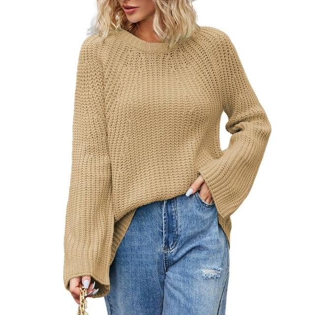 Timegard Chandail pour Femmes Manches Longues Col Rond Couleur Unie Automne Décontracté Tops en Tricot Surdimensionnés