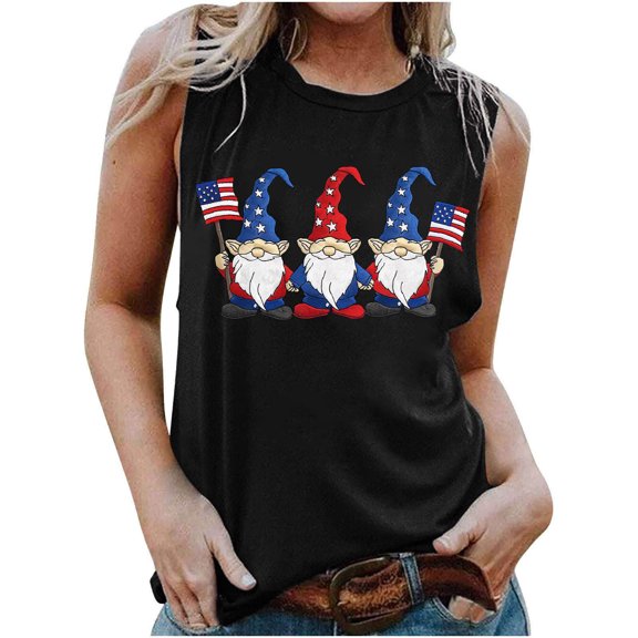 Qetyuw Independence Day Tank Tops for Women Plus Size Patriotic USA Flag Pattern Tshirts Elegant Sleeveless T-shirts Cami Trendy Crewneck Tanks Womens Tank Tops under $10