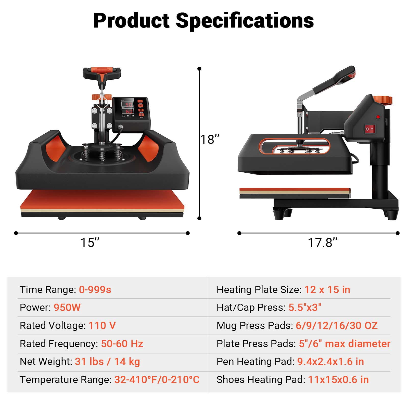 11 in 1 Heat Press, 12 x 15 Inch, Multifunctional Clamshell Printer, Digital Dual-Tube Heat Press Transfer Machine, Swing Away Sublimation Machine for T-Shirt Hat Cap Mug Plate Pen Shoes, Black