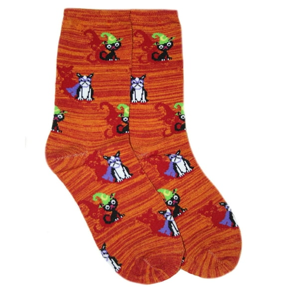 Halloween Womens Orange Cat & Dog Crew Socks - 9-11