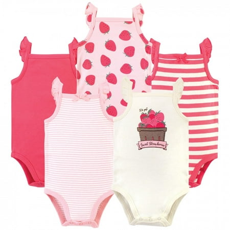 Touched by Nature Baby Girl Organic Cotton Bodysuits 5pk, Strawberries, 3-6 Months