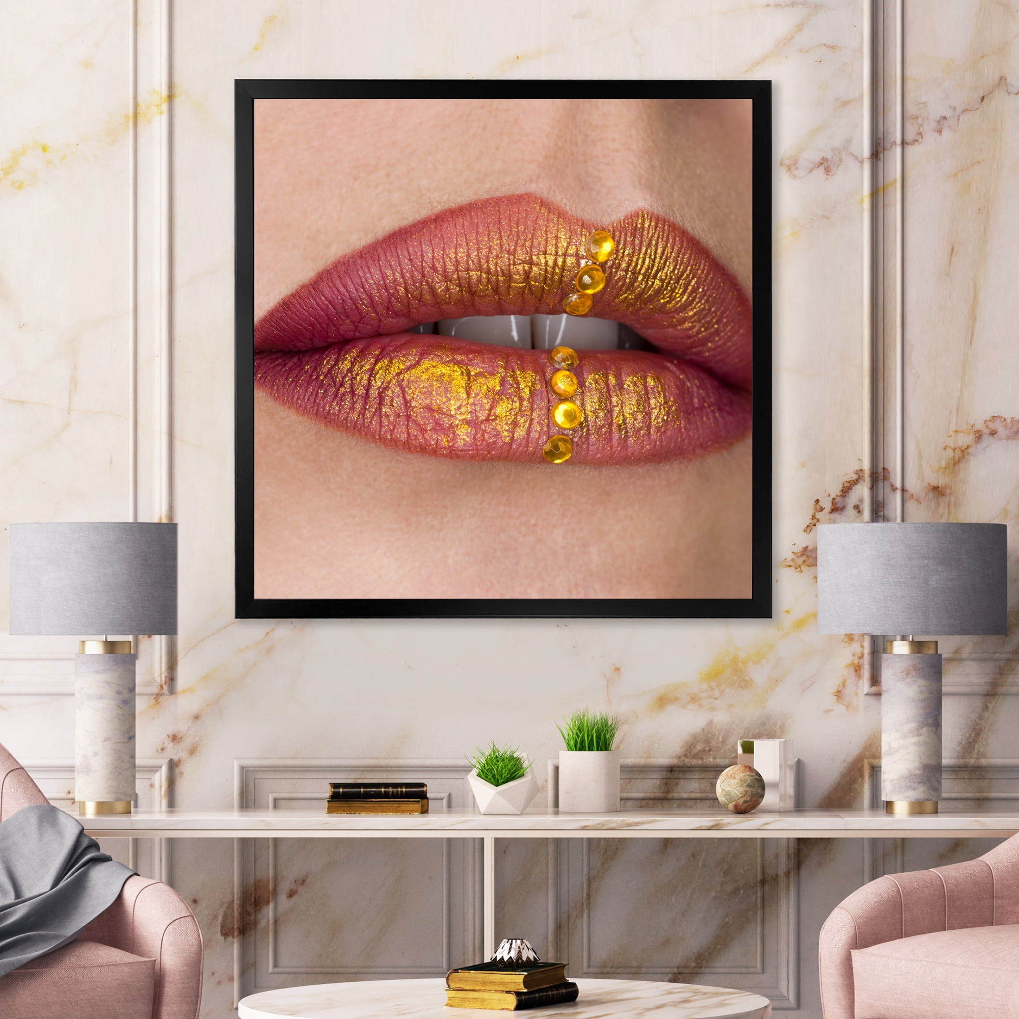 Designart 'Woman Lips Close-Up With Red Lipstick, Gold Paint' Modern Framed Art Print