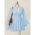 thumbnail image 3 of Womens Baby Blue V-Neck Solid Color Smocked Waist Bell Sleeve Mini Dress, 3 of 10